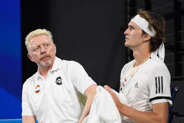 ATP, Tennis Herren CUP BRISBANE DAY 3, Team Germany captain Boris Becker speaks to Alexander Zverev during his match against Stefanos Tsitsipas of Greece in day 3 of the ATP Cup tennis tournament at Pat Rafter Arena in Brisbane, Sunday, January 5, 2020. ( NO ARCHIVING, EDITORIAL USE ONLY, NO USE IN BOOKS WITHOUT CONSENT BRISBANE QLD AUSTRALIA  Copyright: xALBERTxPEREZx 20200105001440419715