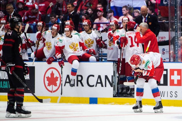 200105 Yegor Zamula of Russia in pain after celebrating the 0-1 goal during the 2020 IIHF World Junior Championship gold medal game between Canada and Russia on January 5, 2020 in Ostrava. Photo: Simon Hastegard BILDBYRAN kod SH 180176 ishockey Ice hockey, Eishockey u20 jvm jvm 2020 jvm 19-20 iihf world junior championship world juniors bbeng final kanada ryssland jubel ont skada Copyright: SIMONxHASTEGARD BB200105ZY019