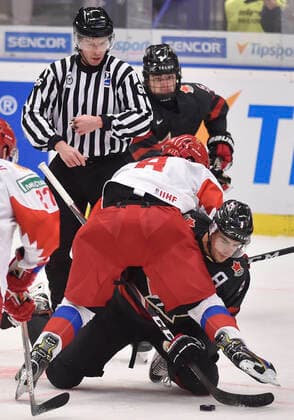 Ivan Morozov of Russia, left, and Joe Veleno of Canada in action during the 2020 IIHF World Junior Ice hockey, Eishockey Championships final game between Russia and Canada in Ostrava, Czech Republic, on January 5, 2020. (CTKxPhoto JaroslavxOzana) CTKPhotoP202001050630701  JAO 04