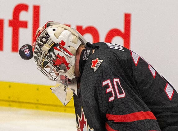 Canadian goalkeeper Joel Hofer in action during the 2020 IIHF World Junior Ice hockey, Eishockey Championships final game between Russia and Canada in Ostrava, Czech Republic, on January 5, 2020. (CTKxPhoto VladimirxPrycek) CTKPhotoP202001050663901  PRY 0008