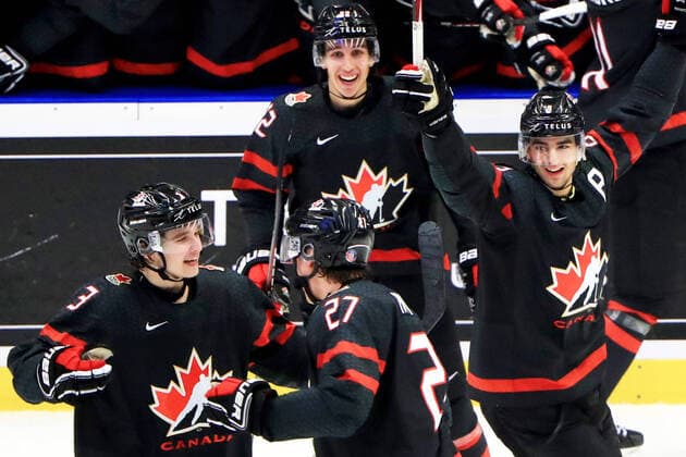 OSTRAVA, CZECH REPUBLIC - JANUARY 5, 2020: Canada s Calen Addison, Barrett Hayton, Joe Veleno (L-R front) and teammates celebrate a goal in the 2020 World Junior Ice hockey, Eishockey Championship final match between Canada and Russia at Ostravar Arena. Peter Kovalev TASS  TS0C9806