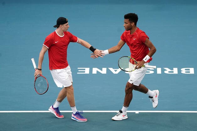 ATP, Tennis Herren CUP BRISBANE DAY 5, Denis Shapovalov (left) and Andreas Aliassime of Canada celebrate during their doubles match against Germany during day 5 of the ATP Cup tennis tournament at Pat Rafter Arena in Brisbane, Tuesday, January 7, 2020. ( NO ARCHIVING, EDITORIAL USE ONLY, NO USE IN BOOKS WITHOUT CONSENT BRISBANE QLD AUSTRALIA  Copyright: xDAVExHUNTx 20200107001440817886
