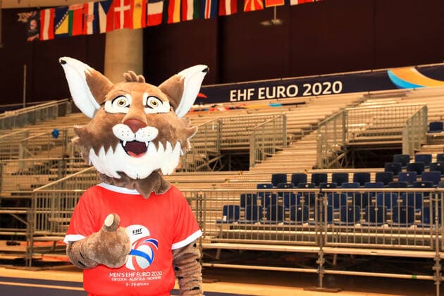HANDBALL - EHF EURO 2020 GRAZ,AUSTRIA,07.JAN.20 - HANDBALL - EHF European Men s Handball Championship 2020, preview, press conference, PK, Pressekonferenz Image shows mascot Winni (EHF Euro Cup 2020) and an overview of the stadium. GEPAxpictures xMarioxBuehner