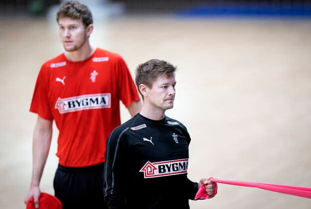 Lasse Svan og Magnus Landin ved haandboldlandsholdets traening i Frederiksberg Hallen onsdag den 8. januar 2020.. , Copenhagen Denmark