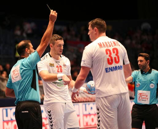 HANDBALL - EHF EURO 2020, BLR vs SRB GRAZ,AUSTRIA,09.JAN.20 - HANDBALL - EHF European Men s Handball Championship 2020, group stage, Belarus vs Serbia. Image shows Miljan Pusica (SRB) and Mijajlo Marsenic (SRB): Keywords: yellow card. GEPAxpictures xWolfgangxGrebien