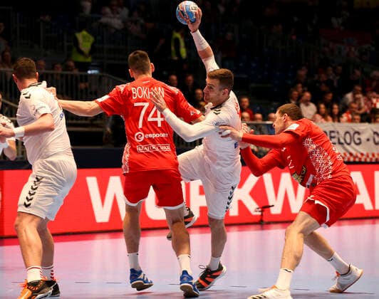 HANDBALL - EHF EURO 2020, BLR vs SRB GRAZ,AUSTRIA,09.JAN.20 - HANDBALL - EHF European Men s Handball Championship 2020, group stage, Belarus vs Serbia. Image shows Mijajlo Marsenic (SRB), Viachaslau Bokhan (BLR), Stefan Vujic (SRB) and Yury Lukyanchuk (BLR). GEPAxpictures xWolfgangxGrebien
