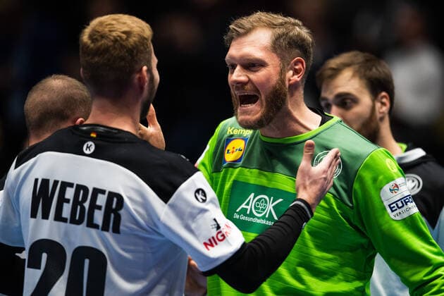 200109 Philipp Weber and goalkeeper Andreas Wolff celebrate after the EHF European Handball Championship match between Germany and the Netherlands on January 9, 2020 in Trondheim. Photo: Vegard Wivestad Grott BILDBYRAN kod VG 170456 bbeng handball handball handboll handball-em 2020 european men?s handball championship 2020 em 2020 handbolls-em 2020 ehf euro 2020 tyskland germany deutschland holland nederland nederländerna jubel Copyright: VEGARDxWIVESTADxGRoTT BB200109VG047