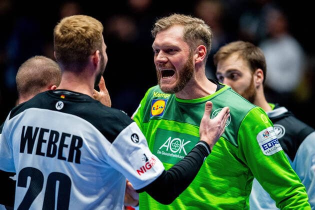 200109 Philipp Weber and goalkeeper Johannes Bitter of Germany celebrate after the EHF European Handball Championship match between Germany and the Netherlands on January 9, 2020 in Trondheim. Photo: Vegard Wivestad Grott BILDBYRAN kod VG 170456 bbeng handball handball handboll handball-em 2020 european men?s handball championship 2020 em 2020 handbolls-em 2020 ehf euro 2020 tyskland germany deutschland holland nederland nederländerna jubel Copyright: VEGARDxWIVESTADxGRoTT BB200109VG087