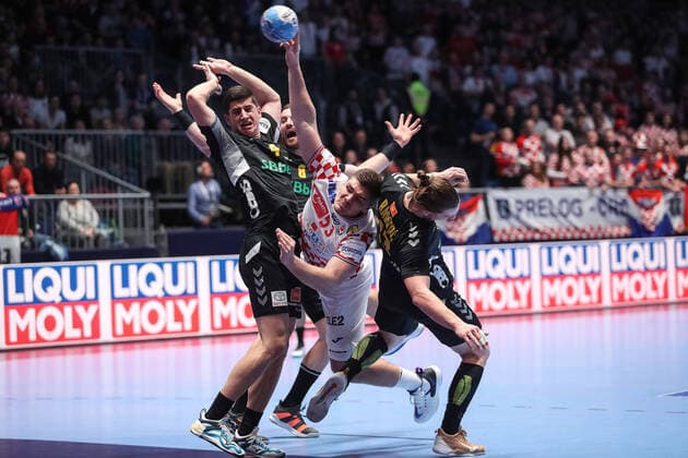 Croatia vs Montenegro: Group A - Men s EHF EURO 2020 GRAZ, AUSTRIA - JANUARY 09: Marin Sipic of Croatia is challenged by Aleksandar Bakic of Montenegro during the Men s EHF EURO 2020 group A match between Croatia and Montenegro at Stadthalle on January 9, 2020 in Graz, Austria.  LukaxStanzl PIXSELL