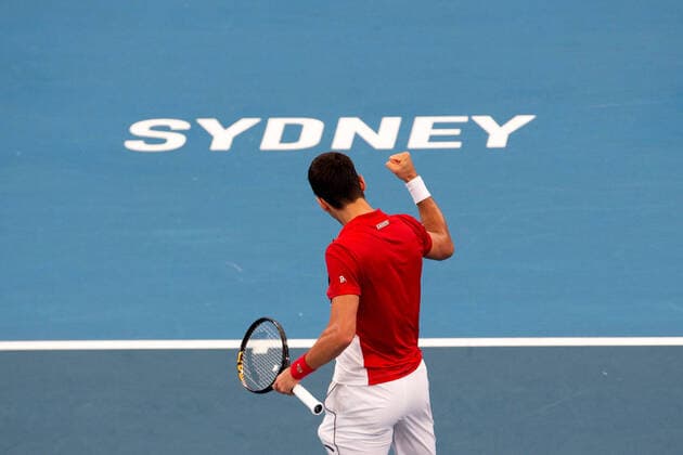 Sport Bilder des Tages SYDNEY, AUSTRALIA - JANUARY 10: Novak Djokovic of Serbia celebrates during day eight of the quarter-final singles match at the 2020 ATP, Tennis Herren Cup Tennis at Ken Rosewall Arena on January 10, 2020 in Sydney, Australia. (Photo by Speed Media Icon Sportswire) TENNIS: JAN 10 ATP Cup Sydney Icon20010106148