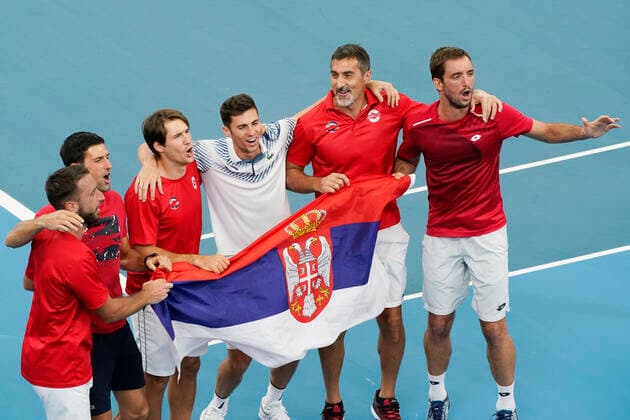 ATP, Tennis Herren CUP SYDNEY DAY 8, Viktor Troicki and Nikola Cacic of Serbia celebrate their win with team mates over Peter Polansky and Adil Shamasdin of Canada during day 8 of the ATP Cup tennis tournament at Ken Rosewall Arena in Sydney, Friday, January 10, 2020. ( NO ARCHIVING, EDITORIAL USE ONLY, NO USE IN BOOKS WITHOUT CONSENT SYDNEY NSW AUSTRALIA  Copyright: xMARKxEVANSx 20200110001441344847