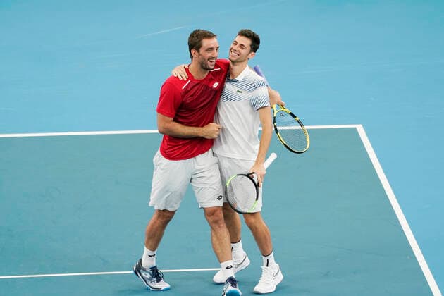 Sport Bilder des Tages ATP, Tennis Herren CUP SYDNEY DAY 8, Viktor Troicki and Nikola Cacic of Serbia celebrate their win over Peter Polansky and Adil Shamasdin of Canada during day 8 of the ATP Cup tennis tournament at Ken Rosewall Arena in Sydney, Friday, January 10, 2020. ( NO ARCHIVING, EDITORIAL USE ONLY, NO USE IN BOOKS WITHOUT CONSENT SYDNEY NSW AUSTRALIA  Copyright: xMARKxEVANSx 20200110001441344949