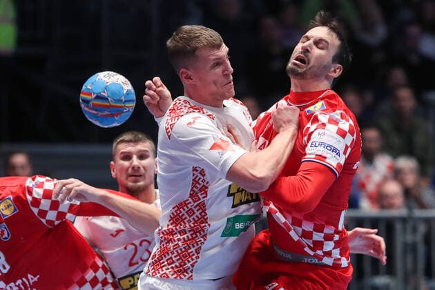 Graz: Croatian handball team meets Belarus in 2nd round of European Championship, EM, Europameisterschaft 11.01.2020., Stadthalle Graz, Graz, Austria - European Handball Championship, Group A, Round 2, Croatia - Belarus. Andrei Yurynok, Igor Karacic  LukaxStanzl PIXSELL
