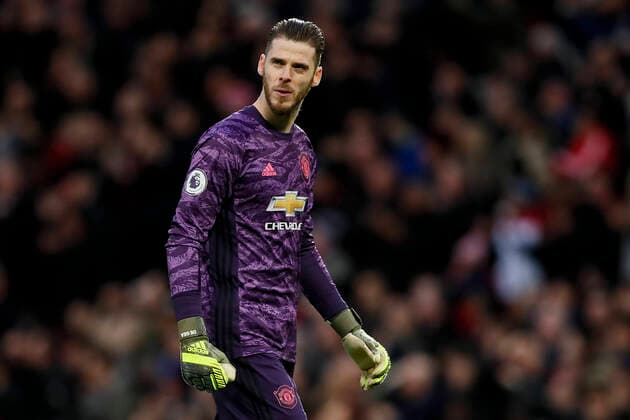 David De Gea of Manchester United, ManU during the Premier League match at Old Trafford, Manchester. Picture date: 11th January 2020. Picture credit should read: James Wilson Sportimage EDITORIAL USE ONLY. No use with unauthorised audio, video, data, fixture lists, club league logos or live services. Online in-match use limited to 120 images, no video emulation. No use in betting, games or single club league player publications. SPI-0429-0037