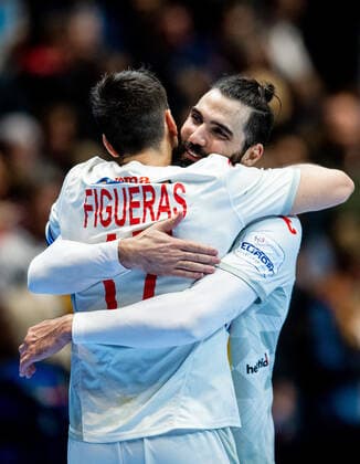 200111 AdriÃ Figueras Trejo and Jorge Maqueda Peno of Spain celebrate after the EHF European Handball Championship match between Spain and Germany on January 11, 2020 in Trondheim. Photo: Vegard Wivestad Grott BILDBYRAN kod VG 170462 bbeng handball handball handboll handball-em 2020 european men?s handball championship 2020 em 2020 handbolls-em 2020 ehf euro 2020 spania spanien tyskland germany deutschland jubel Copyright: VEGARDxWIVESTADxGRoTT BB200111VG052
