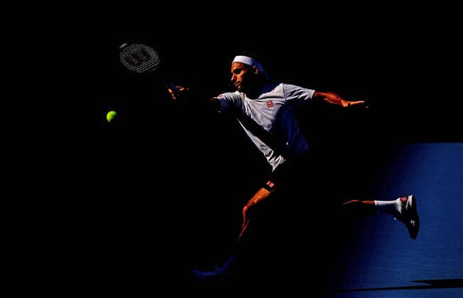 TENNIS AUSTRALIAN OPEN PREVIEW, Roger Federer of Switzerland stretches for a forehand at a practice session during the one week to go preview of the Australian Open 2020 at Melbourne Park in Melbourne, Sunday, January 12, 2020. ( NO ARCHIVING, EDITORIAL USE ONLY, NO USE IN BOOKS WITHOUT CONSENT MELBOURNE VIC AUSTRALIA  Copyright: xSCOTTxBARBOURx 20200112001441703963