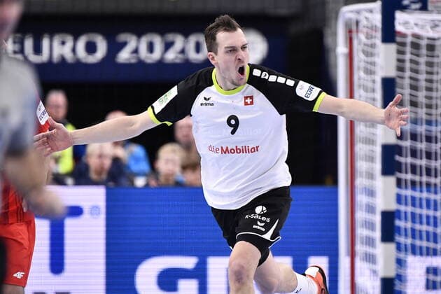 Gothenburg 202001112 Switzerland s Marvin Lie gestures after a goal during the Men s EHF EURO 2020 Handball group F match preliminary round between Switzerland and Poland in Scandinavium Arena Sunday Jan. 12, 2020. Photo Bjorn Larsson Rosvall TT kod 9200 Gothenburg Sweden x9200x