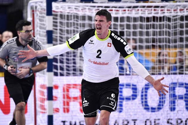 Gothenburg 202001112 Switzerland s gestures after a goal during the Men s EHF EURO 2020 Handball group F match preliminary round between Switzerland and Poland in Scandinavium Arena Sunday Jan. 12, 2020. Photo Bjorn Larsson Rosvall TT kod 9200 Gothenburg Sweden x9200x