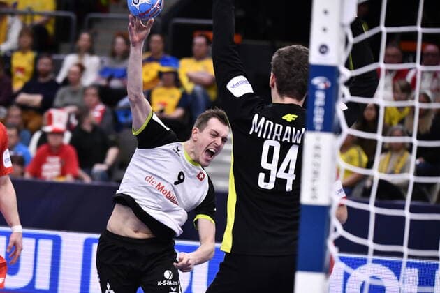Gothenburg 202001112 Switzerland s Marvin Lier attack against goal keeper Adam Morawsk of Poland during the Men s EHF EURO 2020 Handball group F match preliminary round between Switzerland and Poland in Scandinavium Arena Sunday Jan. 12, 2020. Photo Bjorn Larsson Rosvall TT kod 9200 Gothenburg Sweden x9200x