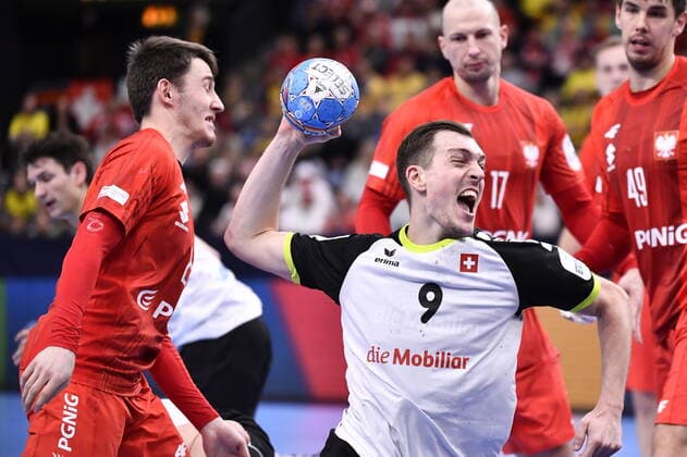 Gothenburg 202001112 Switzerland s Marvin Lier in action during the Men s EHF EURO 2020 Handball group F match preliminary round between Switzerland and Poland in Scandinavium Arena Sunday Jan. 12, 2020. Photo Bjorn Larsson Rosvall TT kod 9200 Gothenburg Sweden x9200x