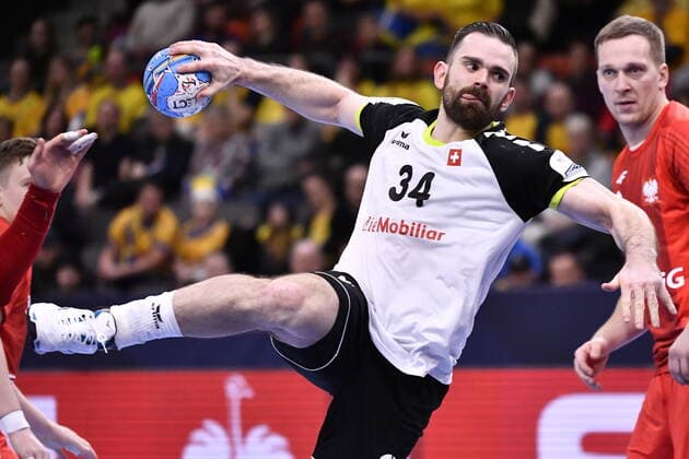 Gothenburg 202001112 Switzerland s Alen Milosevic in action during the Men s EHF EURO 2020 Handball group F match preliminary round between Switzerland and Poland in Scandinavium Arena Sunday Jan. 12, 2020. Photo Bjorn Larsson Rosvall TT kod 9200 Gothenburg Sweden x9200x
