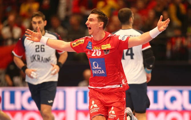 HANDBALL - EHF EURO 2020, AUT vs UKR VIENNA,AUSTRIA,12.JAN.20 - HANDBALL - EHF European Men s Handball Championship 2020, group stage, Austria vs Ukraine. Image shows the rejoicing of Lukas Herburger (AUT). GEPAxpictures xChristianxOrt