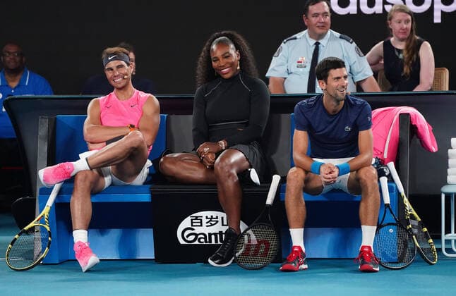 TENNIS AO RALLY FOR RELIEF, Rafael Nadal of Spain, Serena Williams of the United States andf Novak Djokovic of Serbia look on during the Rally For Relief at Rod Laver Arena in Melbourne, Wednesday, January 15, 2020. Tennis stars have come together for the Rally for Relief at Rod Laver Arena in Melbourne to raise money in aid of the bushfire relief efforts across Australia. ( NO ARCHIVING, EDITORIAL USE ONLY, NO USE IN BOOKS WITHOUT CONSENT MELBOURNE VIC AUSTRALIA  Copyright: xSCOTTxBARBOURx 20200115001442348178