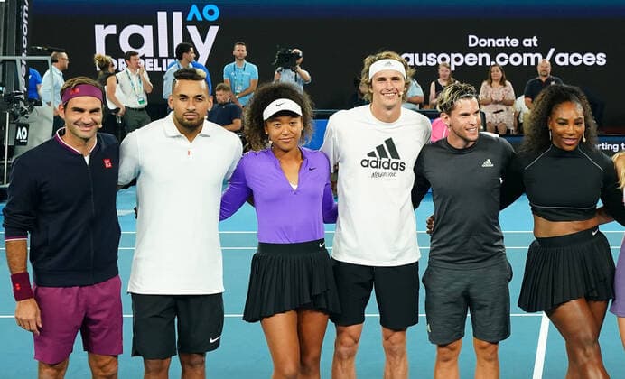 TENNIS AO RALLY FOR RELIEF, Roger Federer of Switzerland, Nick Kyrgios of Australia, Naomi Osaka of Japan, Alexander Zverev of Germany, Dominic Thiem of Austria and Serena Williams of the United States pose for a photo during the Rally For Relief at Rod Laver Arena in Melbourne, Wednesday, January 15, 2020. Tennis stars have come together for the Rally for Relief at Rod Laver Arena in Melbourne to raise money in aid of the bushfire relief efforts across Australia. ( NO ARCHIVING, EDITORIAL USE ONLY, NO USE IN BOOKS WITHOUT CONSENT MELBOURNE VIC AUSTRALIA Copyright: xSCOTTxBARBOURx 20200115001442354393