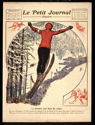 Jeux Olympiques 1924 Le premier acte dans les neiges. Saut a ski a Chamonix lors des Jeux Olympiques d hiver de 1924. Couverture du Petit Journal illustre. Credit: Collection KHARBINE-TAPABOR. *** Olympic Games 1924 The first act in the snow Ski jumping in Chamonix during the 1924 Olympic Winter Games Cover of the Petit Journal illustre Credit Collection KHARBINE TAPABOR  KH1933