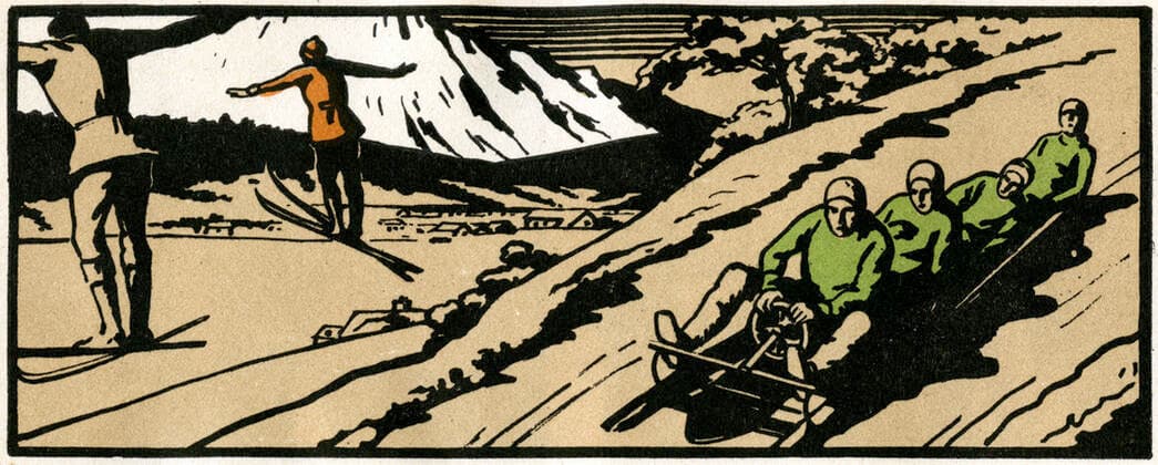 JEUX OLYMPIQUES Epreuves de Saut a ski et de Bobsleigh se sont disputes la saison derniere dans la region de Chamonix. Illustration anonyme pour une vignette tiree d une serie sur les sports des Jeux Olympiques de 1924 a Paris. Credit : Collection Jonas Kharbine-Tapabor. *** OLYMPIC GAMES Ski Jumping and Bobsleigh events fought last season in the Chamonix region Anonymous illustration for a vignette from a series of sports from the 1924 Olympic Games in Paris Credit Collection Jonas Kharbine Tapabor  KH220561