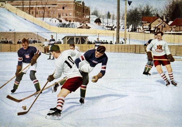 Hockey sur glace Match de Hockey sur glace aux Jeux Olympiques de Los Angeles en 1932. Vignette editee par les cigarettes Altona. Credit : Collection KHARBINE-TAPABOR. *** Ice Hockey Ice Hockey game at the Los Angeles 1932 Olympic Games Vignette edited by Altona Credit Collection KHARBINE TAPABOR cigarettes  KH2211