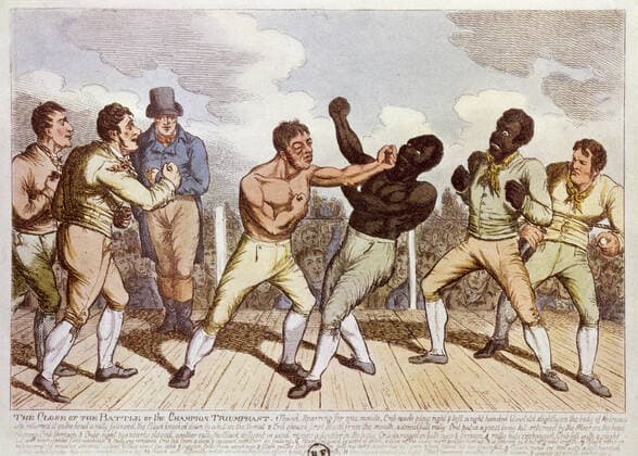 Großbritannien, Black History Month im Oktober - Sport Boxe en Angleterre Combat de boxe entre un noir et un blanc en Angleterre: Thomas Molineaux (c.1785-1818) contre Tom Cribb (1781-1848) a Thistleton Gap, Rutland, Leicestershire. Victoire de Cribb. Gravure par George CRUIKSHANK (1792-1878) vers 1810. Credit : Collection KHARBINE-TAPABOR.
