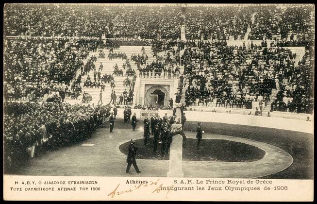 JEUX OLYMPIQUES 1906 S.A.R Le Prince Royal de Grece, inaugurant les jeux olympiques de 1906 au stade d Athenes. Jeux intercales celebrant les 10 ans de la creation des premiers jeux olympiques de l ere moderne. Credit : Collection IM Kharbine-Tapabor.
