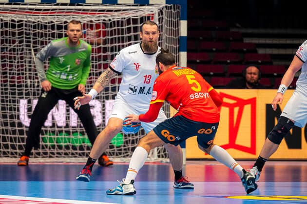 Handball, Maenner: EM 2020, Hauptrunde, Gruppe 1, Spanien - Tschechische Republik Pavel Horak (Tschechien THW Kiel), Jorge Maqueda Pena (Spanien) Wien Stadthalle Wien Oesterreich