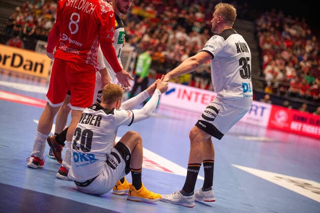 HANDBALL - EHF EURO 2020 VIENNA,AUSTRIA,16.JAN.20 - HANDBALL - EHF European Men s Handball Championship 2020, main round, BLR vs GER. Image shows Philipp Weber and Julius Kuehn (GER). GEPAxpictures xDavidxBitzan