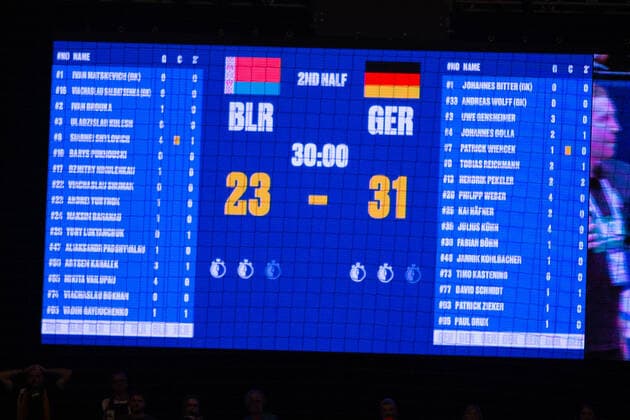 HANDBALL - EHF EURO 2020 VIENNA,AUSTRIA,16.JAN.20 - HANDBALL - EHF European Men s Handball Championship 2020, main round, BLR vs GER. Image shows the scoreboard. GEPAxpictures xDavidxBitzan
