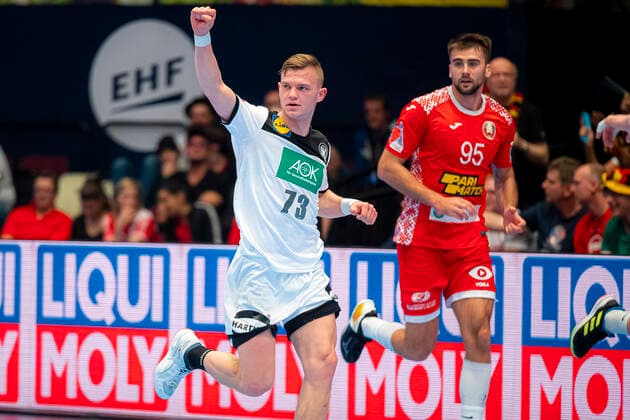 Handball, Maenner: EM 2020, Hauptrunde, Gruppe 1, Weißrussland - Deutschland Timo Kastening (Deutschland TSV Hannover) Jubel Freude Emotion Wien Stadthalle Wien Oesterreich
