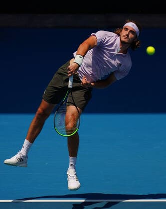 TENNIS AO PRACTICE PREVIEW, Stefanos Tsitsipas of Greece serves during an Australian Open practice session at Melbourne Park in Melbourne, Saturday, January 18, 2020. ( NO ARCHIVING, EDITORIAL USE ONLY, NO USE IN BOOKS WITHOUT CONSENT MELBOURNE VIC AUSTRALIA  Copyright: xSCOTTxBARBOURx 20200118001442900480