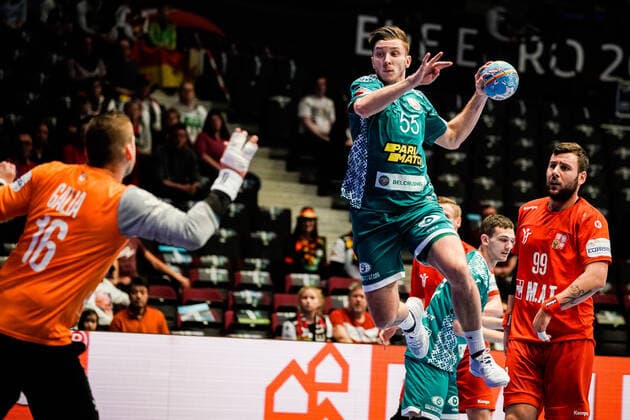 18.01.2020, Wiener Stadthalle, Wien, AUT, EHF Euro 2020, Weissrussland vs Tschechische Republik, Hauptrunde, Gruppe I, im Bild v. l. Martin Galia (CZE), Mikita Vailupau (BLR) f. l. Martin Galia (CZE) Mikita Vailupau (BLR) during the EHF 2020 European Handball Championship, main round group I match between Belarus and Czech Republic at the Wiener Stadthalle in Wien, Austria on 2020 01 18. Wien