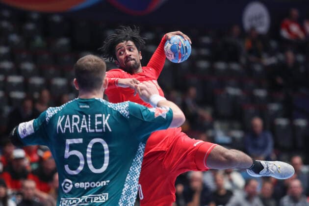 PXL_EURO 2020_Belarus vs Czech Republic 18.01.2020., Wiener Stadthalle, Vienna, Austria - Men s EHF EURO 2020, main round, group I ,match between Belarus and Czech Republic at Wiener Stadthalle.. Artsem Karalek, Dieudonne Mubenzem. LukaxStanzl PIXSELL