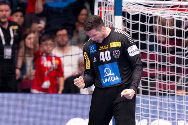 Thomas Eichberger (Nr. 40, Oesterreich) freut sich jubelt. Spanien vs. Oesterreich, Handball, Hauptrunde, EHF Euro 2020, 18.01.20 Wien Wien Oesterreich Copyright: xAgentur54Gradx xFelixxKoenigx