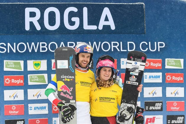 Bilder des Jahres 2020, Sport 01 Januar Sport Themen der Woche KW03 Sport Bilder des Tages January 18, 2020, Rogla, Slovenia: World Cup leaders Roland Fischnaller of Italy and Ramona Hofmeister of Germany pose on the podium after the FIS World cup Parallel Giant Slalom in Rogla. FIS World cup Parallel Giant Slalom in Rogla, Slovenia - 18 Jan 2020 - ZUMAs197 20200118_zaa_s197_148 Copyright: xMilosxVujinovicx