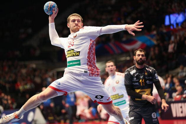 Weissrussland - Spanien, EHF Euro 2020 Yury Lukyanchuk (Weissrussland 26),, Wien Wien Oesterreich Eissporthalle