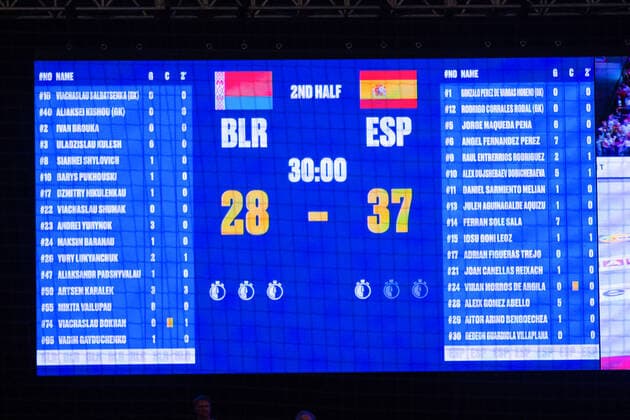 HANDBALL - EHF EURO 2020, BLR vs ESP VIENNA,AUSTRIA,20.JAN.20 - HANDBALL - EHF European Men s Handball Championship 2020, main round, Belarus vs Spain. Image shows the scoreboard. GEPAxpictures xDavidxBitzan