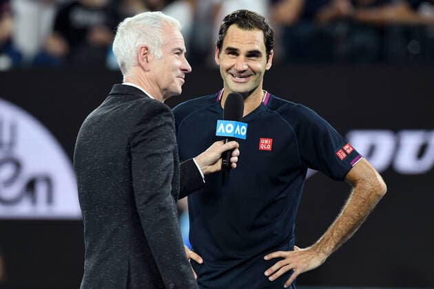 AUSTRALIAN OPEN DAY 3, Roger Federer of Switzerland (right) is interviewed by John McEnroe (left) after winning his second round match against Filip Krajinovic of Serbia on day three of the Australian Open tennis tournament at Rod Laver Arena in Melbourne, Wednesday, January 22, 2020. ( NO ARCHIVING, EDITORIAL USE ONLY, NO USE IN BOOKS WITHOUT CONSENT MELBOURNE VIC AUSTRALIA  Copyright: xLUKASxCOCHx 20200122001443758058