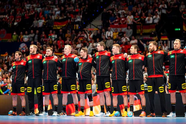 Handball, Maenner: EM 2020, Hauptrunde, Gruppe 1, Oesterreich - Deutschland ?v Uwe Gensheimer (Deutschland Rhein-Neckar Loewen), Johannes Bitter (Deutschland TVB Stuttgart), Johannes Golla (Deutschland SG Flensburg), Patrick Wiencek (Deutschland THW Kiel), Tobias Reichmann (Deutschland MT Melsungen), Hendrik Pekeler (Deutschland THW Kiel), Philipp Weber (Deutschland SC DHfK Leipzig), Kai Häfner Haefner (Deutschland MT Melsungen), Torhueter Andreas Wolff (Deutschland Kielce), Julius Kühn Kuehn (Deutschland MT Melsungen) Wien Stadthalle Wien Oesterreich