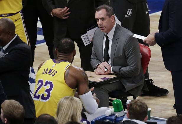 Los Angeles Lakers head coach Frank Vogel talks to LeBron James and the rest of the team during a time out against the New York Knicks at Madison Square Garden on Wednesday, January 22, 2020 in New York City. The Lakers defeated the Knicks 100-92.  NYP20200122118 JOHNxANGELILLO