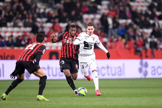 23 ADRIEN HUNOU (REN) - 25 WYLAN CYPRIEN (NICE) FOOTBALL : Nice vs Rennes - Ligue 1 Conforama - 24 01 2020 FEP Panoramic 