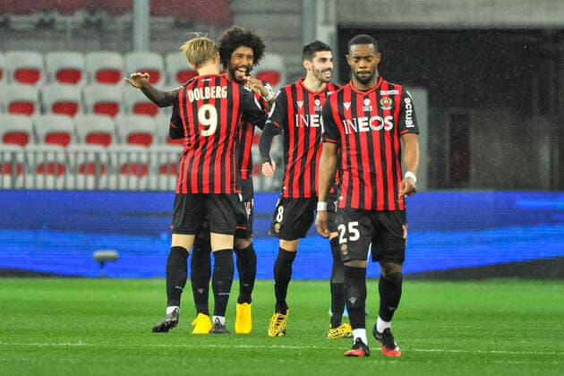Joie - but - Kasper Dolberg (OGC Nice) - Dante (OGC Nice) FOOTBALL : OGC Nice vs Rennes - Ligue 1 Conforama - Nice - 24 01 2020 NorbertScanella PanoramiC 