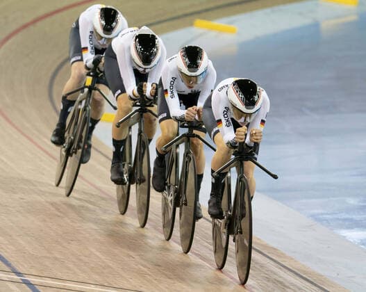 January 24, 2020, Milton, Ontario, Canada: Germany s Gudrun Stock leads her team during first round of women s team pursuit at the Tissot Track cycling, Rad, Radsport, Bahnrad, Bahn World Cup in Milton, Ontario on Friday, January 24, 2020. Cycling 2020 - Tissot Track Cycling World Cup - Canada - ZUMAp131 20200124_zap_p131_013 Copyright: xPeterxPowerx